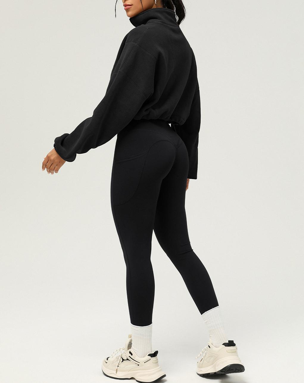 Stand Collar Cropped Fleece Pullover - Black - 3