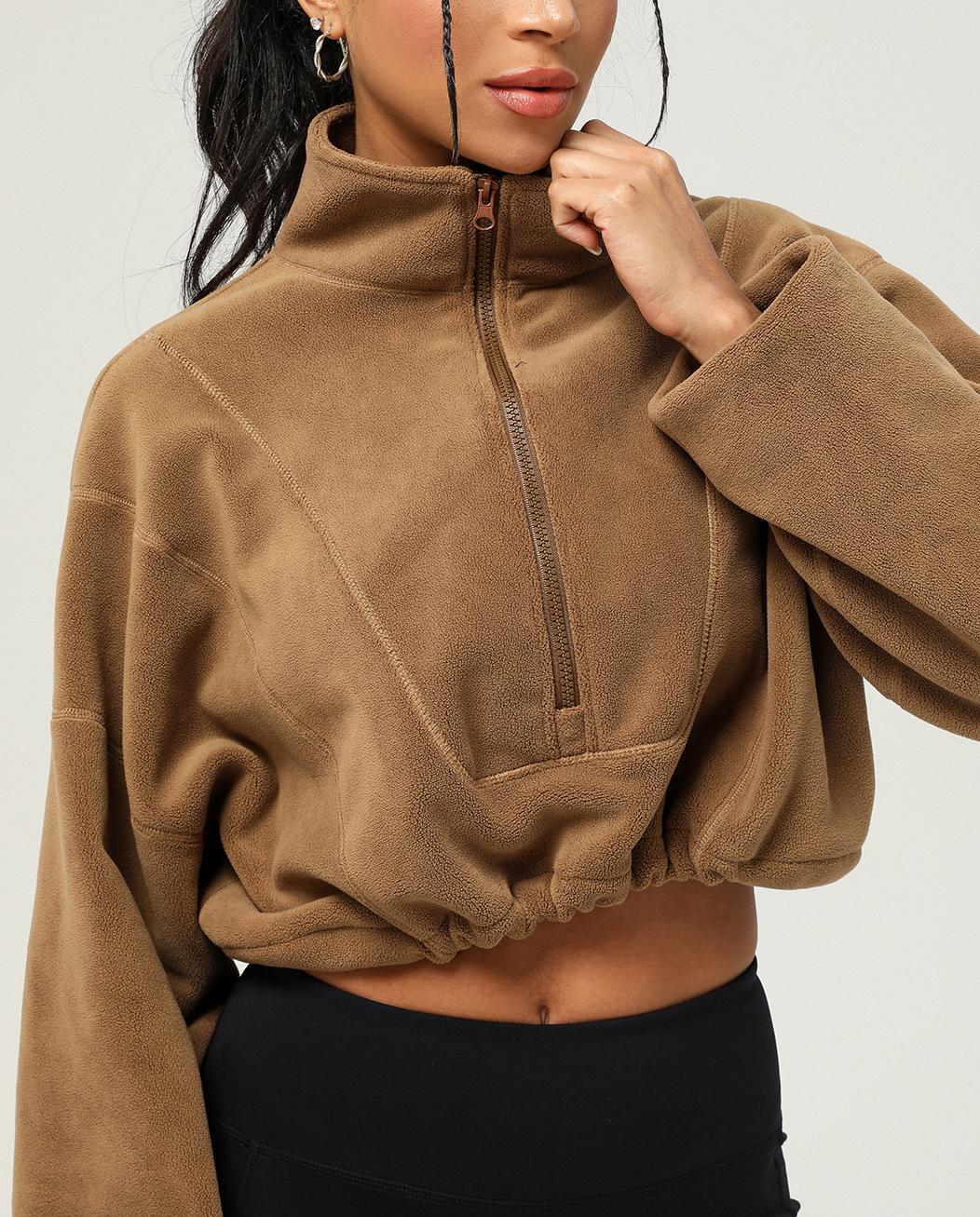 Stand Collar Cropped Fleece Pullover - Brown