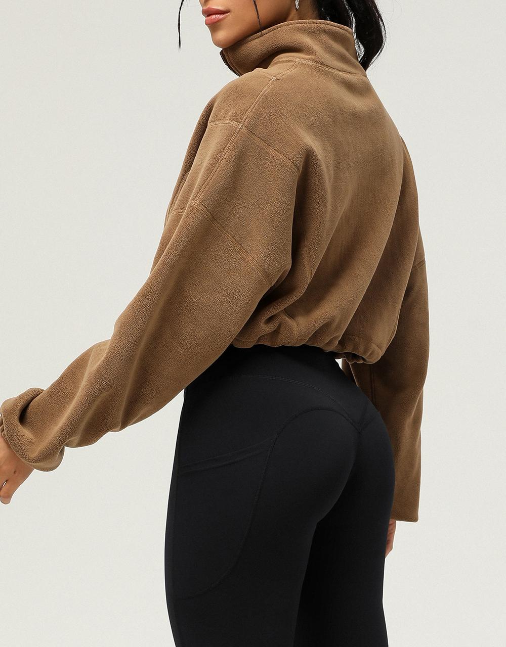 Stand Collar Cropped Fleece Pullover - Brown - 1