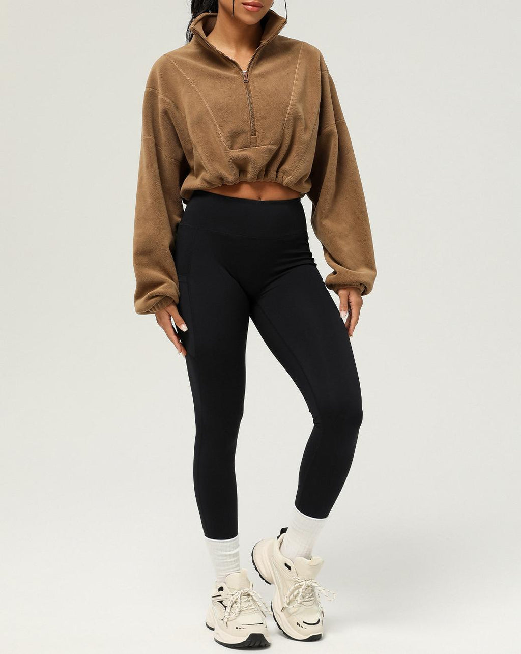 Stand Collar Cropped Fleece Pullover - Brown - 2