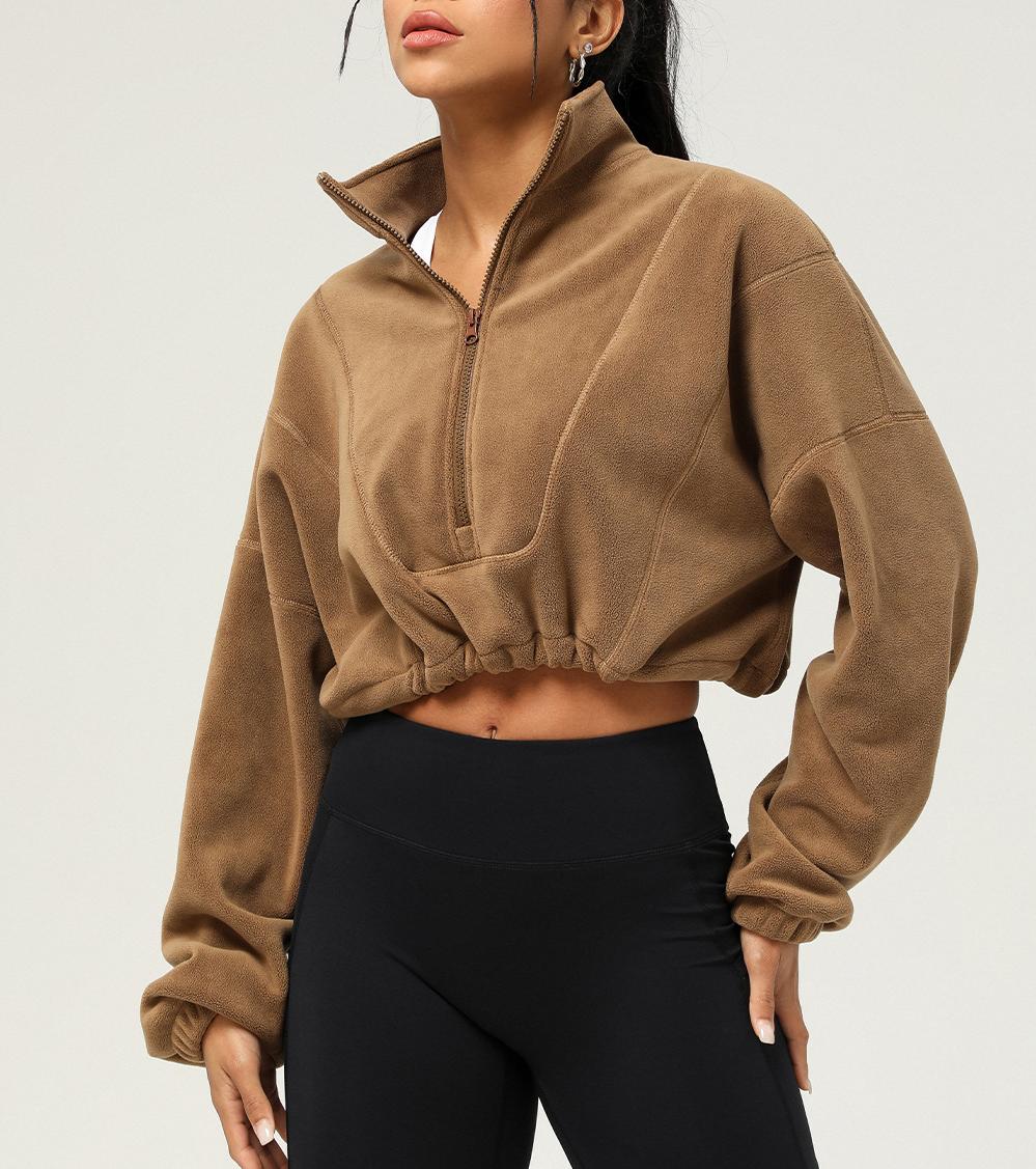 Stand Collar Cropped Fleece Pullover - Brown - 3