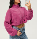 Stand Collar Cropped Fleece Pullover - Rosered