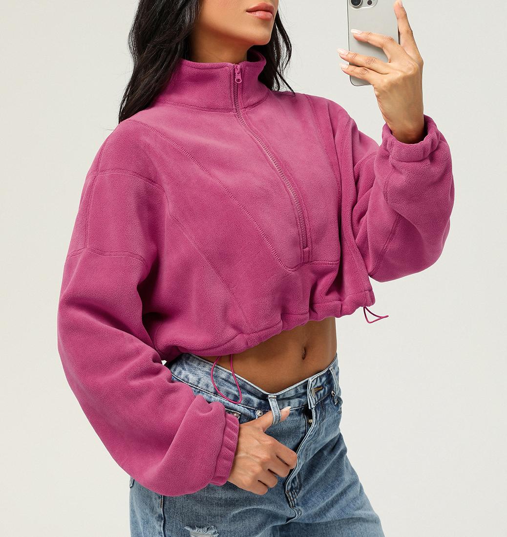 Stand Collar Cropped Fleece Pullover - Rosered