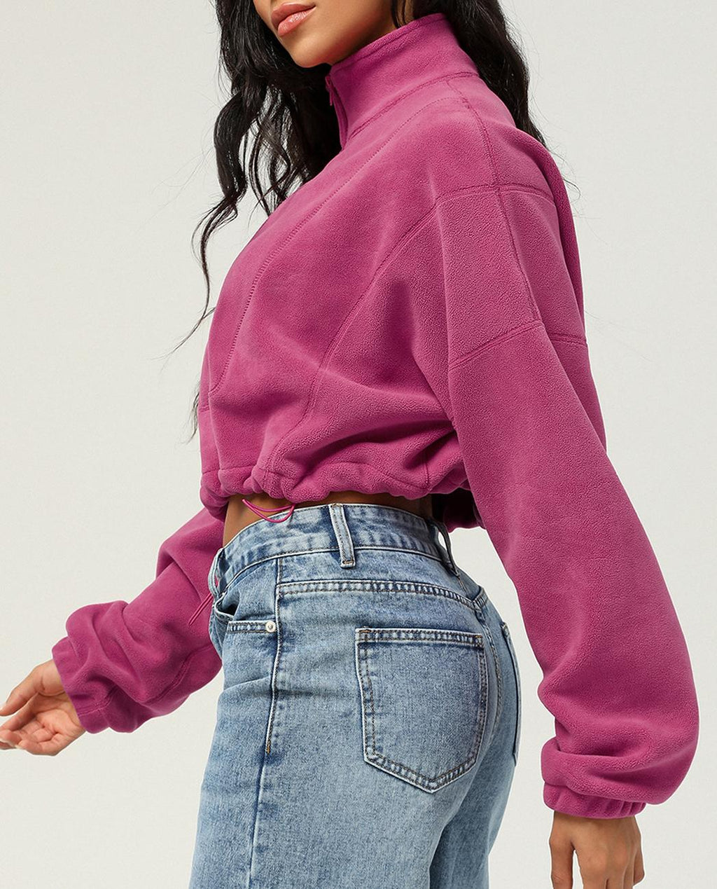 Stand Collar Cropped Fleece Pullover - Rosered - 1