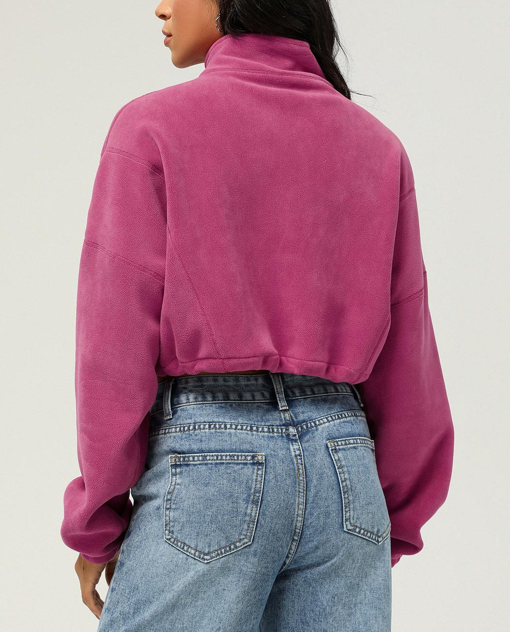 Stand Collar Cropped Fleece Pullover - Rosered - 2
