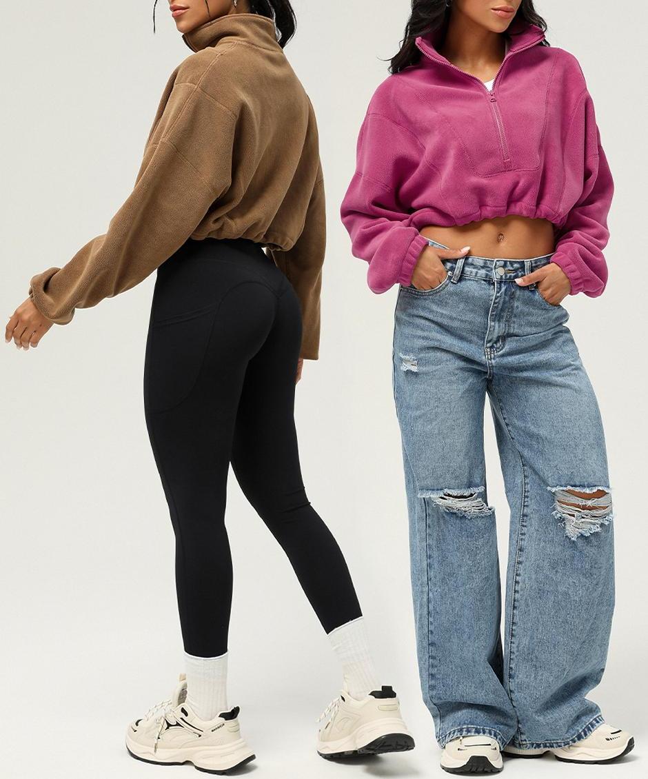Stand Collar Cropped Fleece Pullover - Rosered - 3
