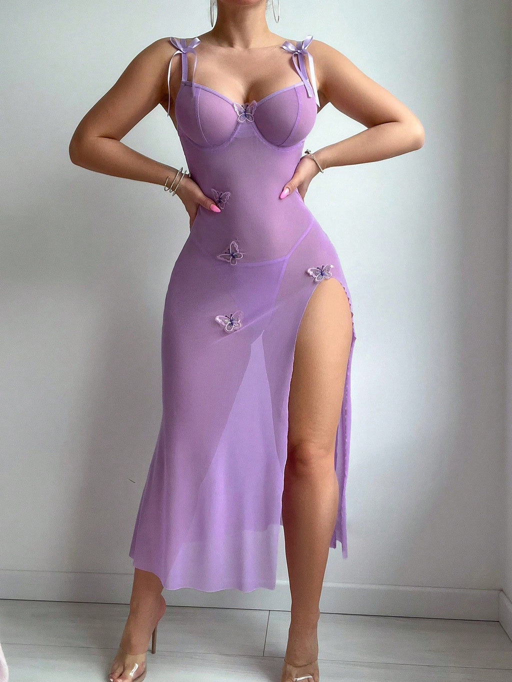 Sheer Mesh Butterfly Underwire Maxi Slip Dress Set - Violet