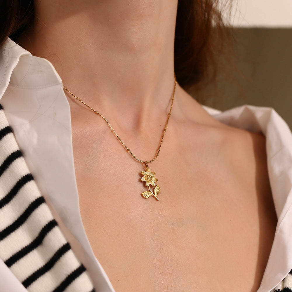 Vintage Wildflower Stem Pendant Necklace - Gold - 3
