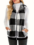 Buffalo Check Sherpa Stand Collar Vest - Black