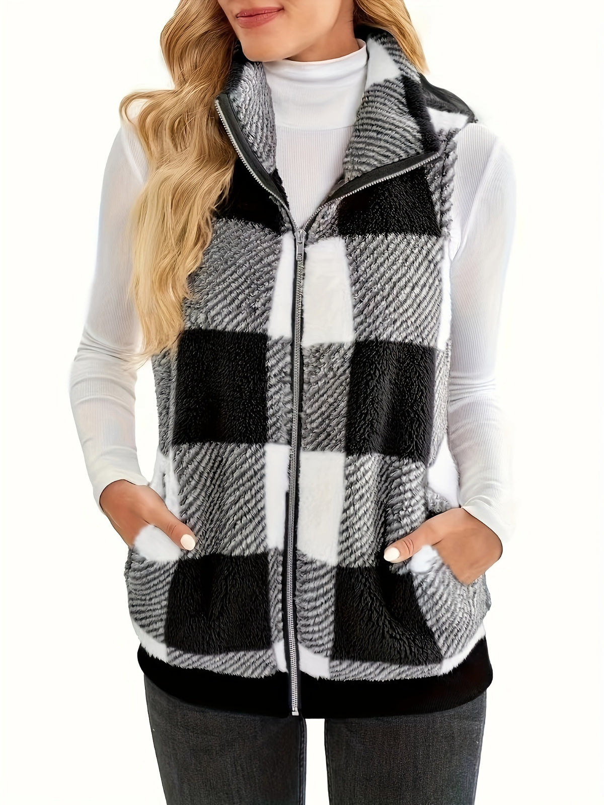 Buffalo Check Sherpa Stand Collar Vest - Black