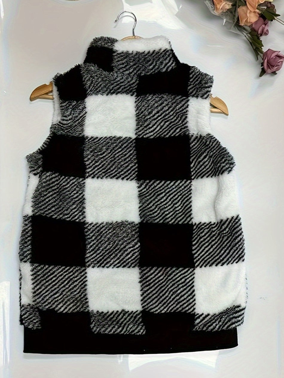 Buffalo Check Sherpa Stand Collar Vest - Black - 1