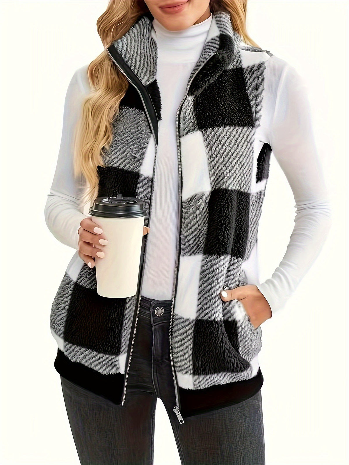 Buffalo Check Sherpa Stand Collar Vest