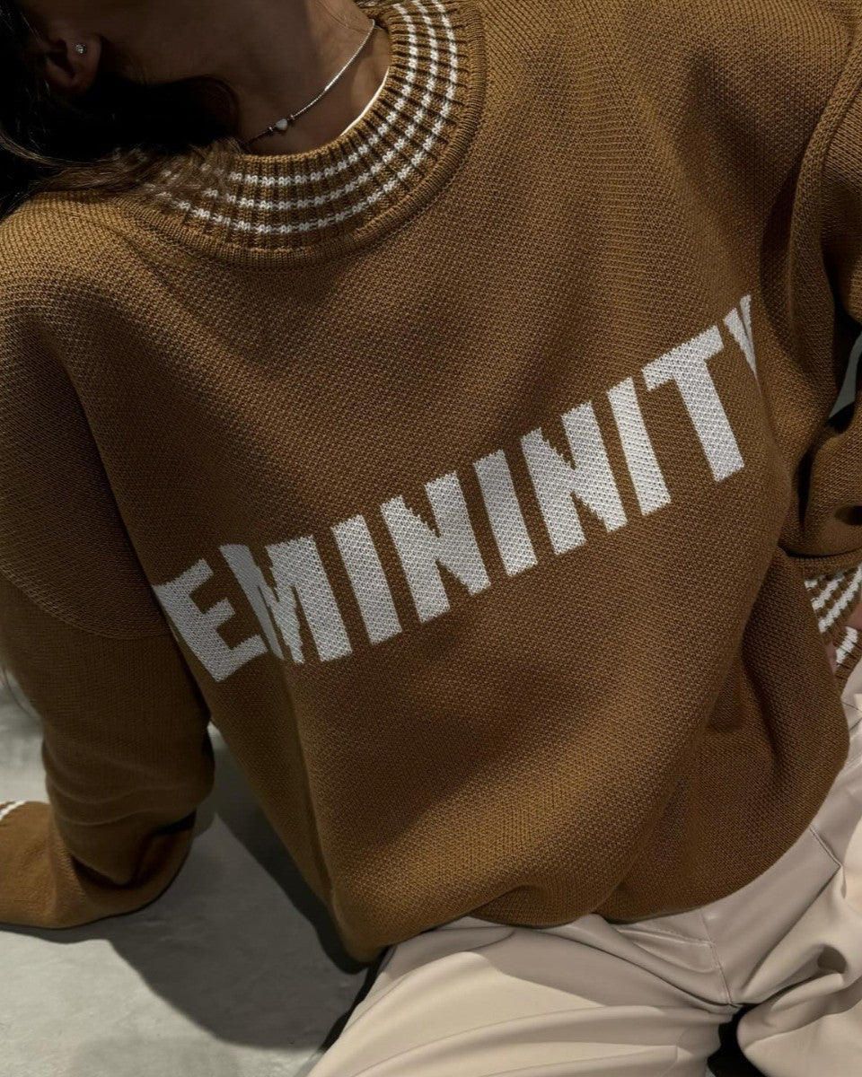 Beaded Neck Letter Knit Sweater - Camel