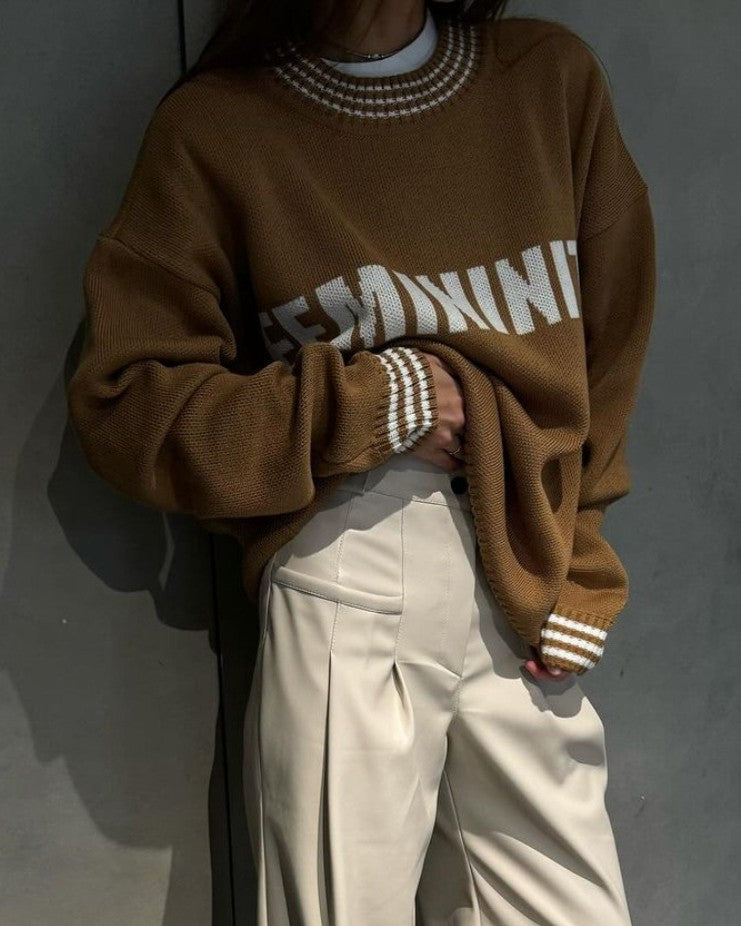 Beaded Neck Letter Knit Sweater - Camel - 1