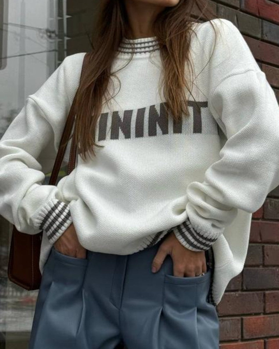 Beaded Neck Letter Knit Sweater - White