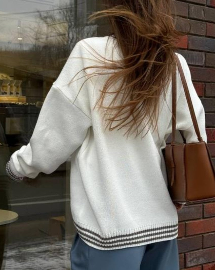 Beaded Neck Letter Knit Sweater - White - 1