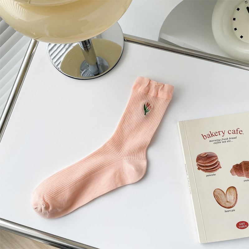 Embroidered Floral Ribbed Crew Socks - Pink