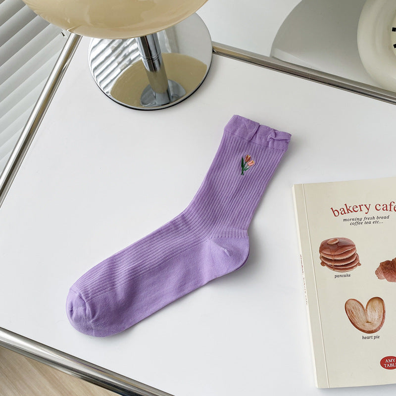 Embroidered Floral Ribbed Crew Socks - Purple - 1