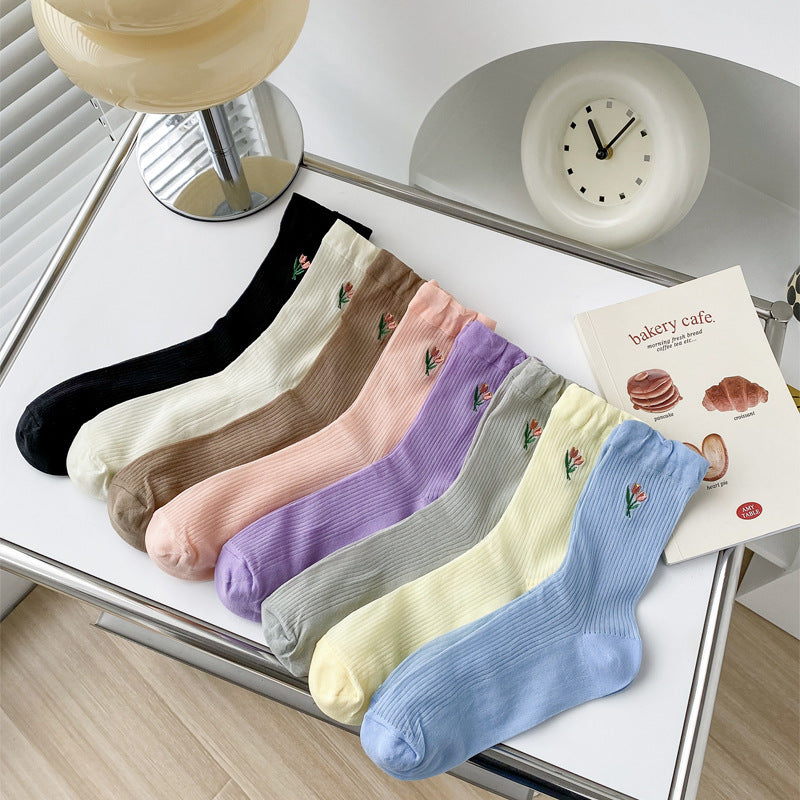 Embroidered Floral Ribbed Crew Socks - Purple - 3