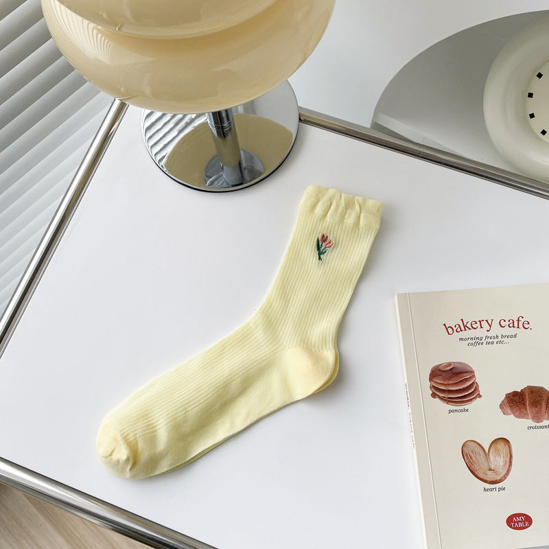 Embroidered Floral Ribbed Crew Socks - Yellow