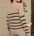 Striped Button Front V-Neck Knit Top - Brown