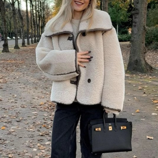 Faux Fur Contrast Piped Short Coat - Apricot