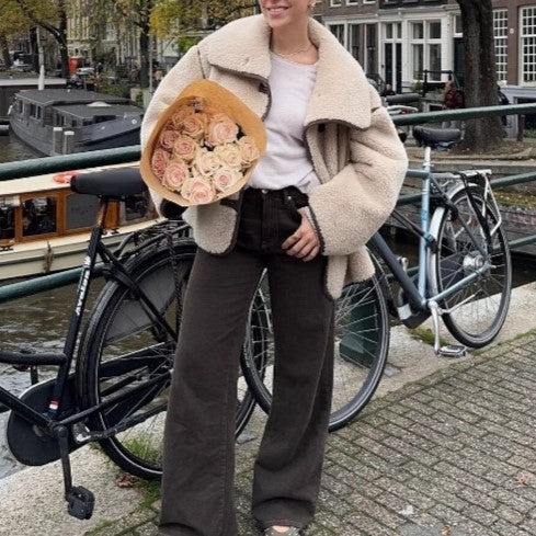Faux Fur Contrast Piped Short Coat - Apricot - 5