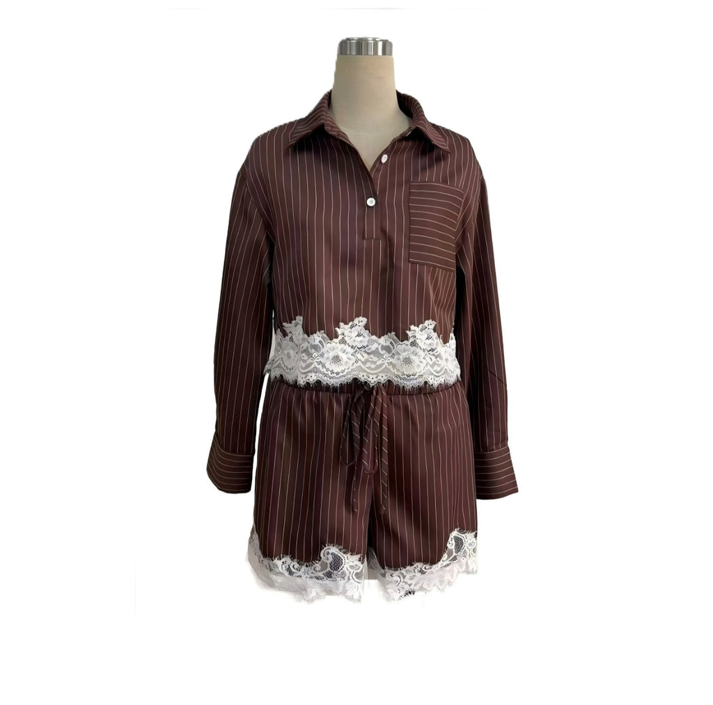 Pinstripe Lace Trim Crop Shirt and Shorts Set - Coffee - 1
