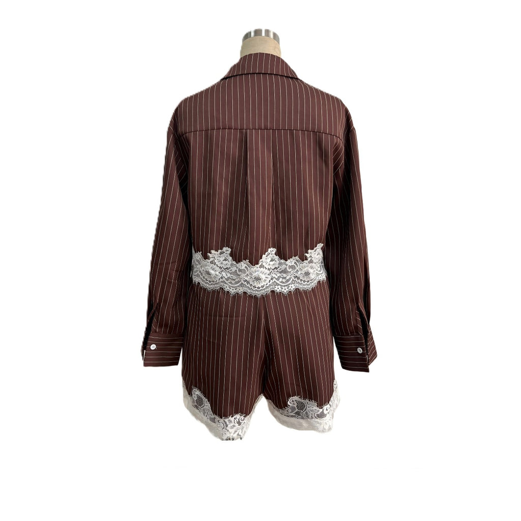 Pinstripe Lace Trim Crop Shirt and Shorts Set - Coffee - 2