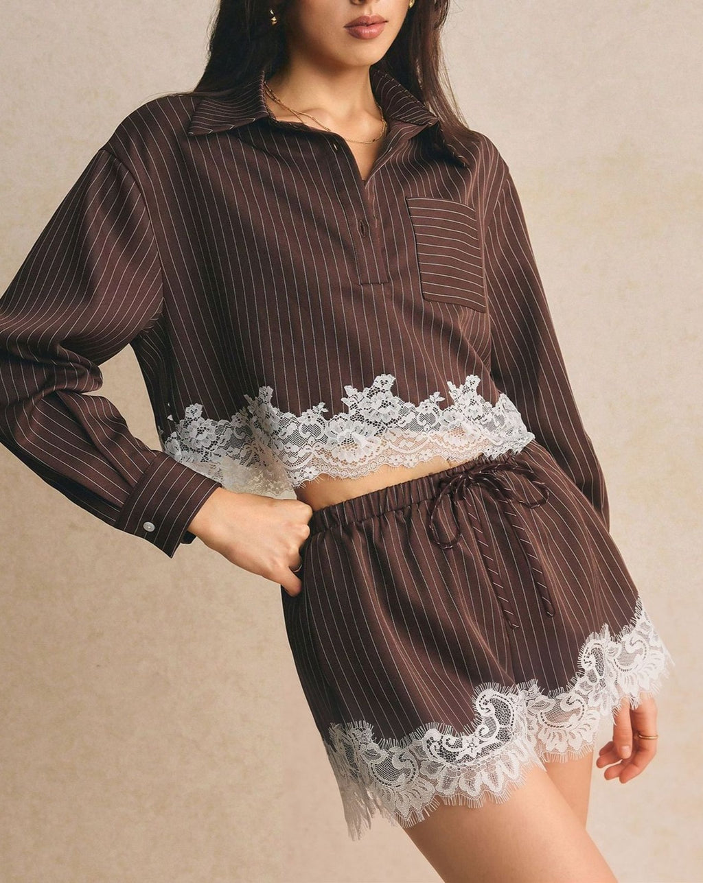 Pinstripe Lace Trim Crop Shirt and Shorts Set - Coffee - 3