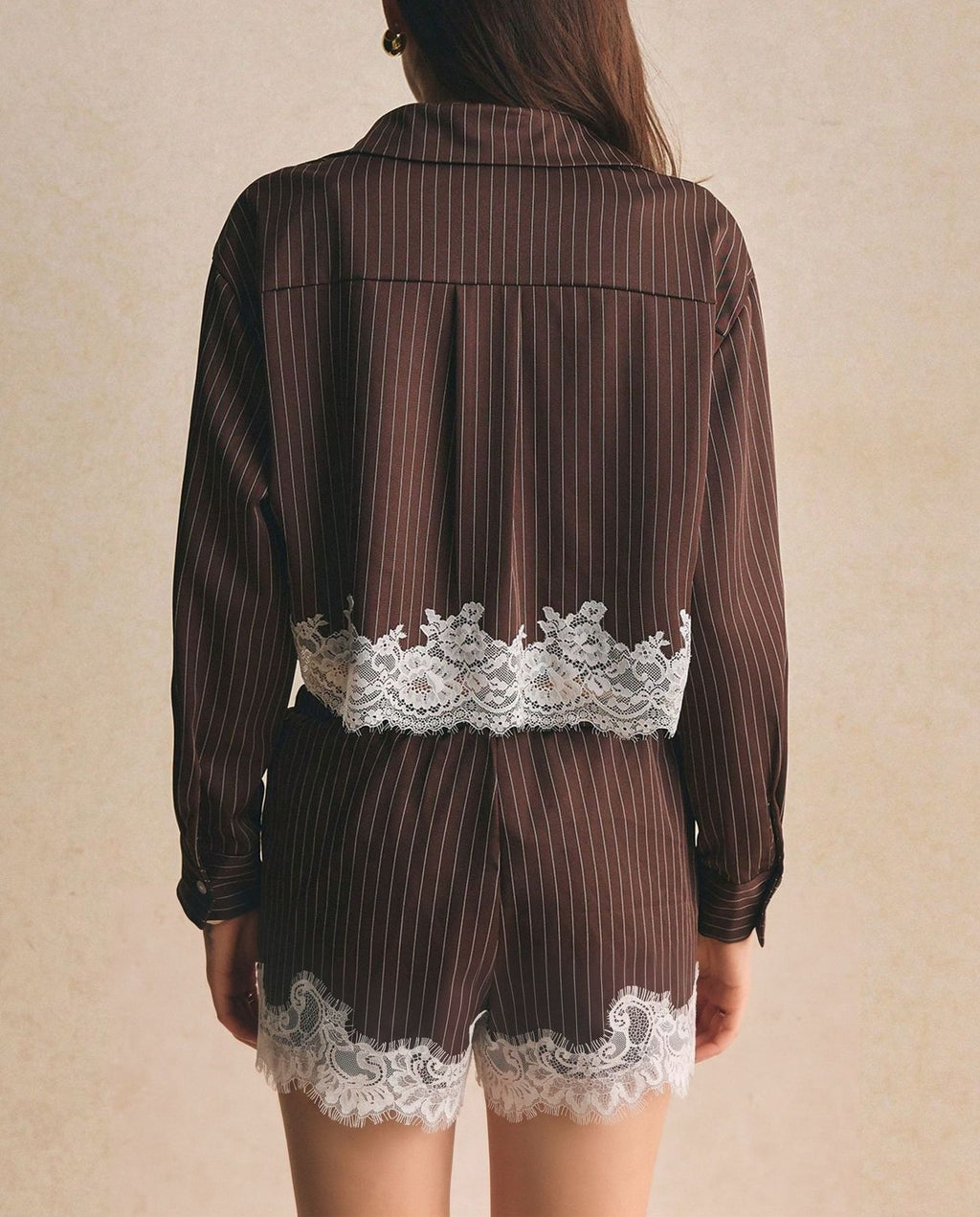 Pinstripe Lace Trim Crop Shirt and Shorts Set - Coffee - 4