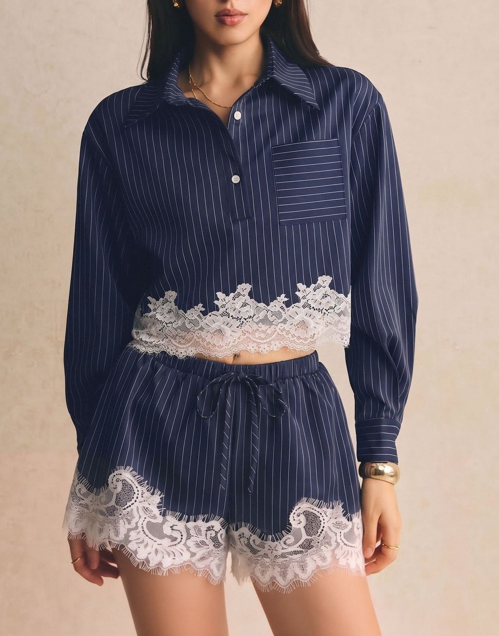 Pinstripe Lace Trim Crop Shirt and Shorts Set - Navyblue