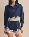Pinstripe Lace Trim Crop Shirt and Shorts Set - Navyblue