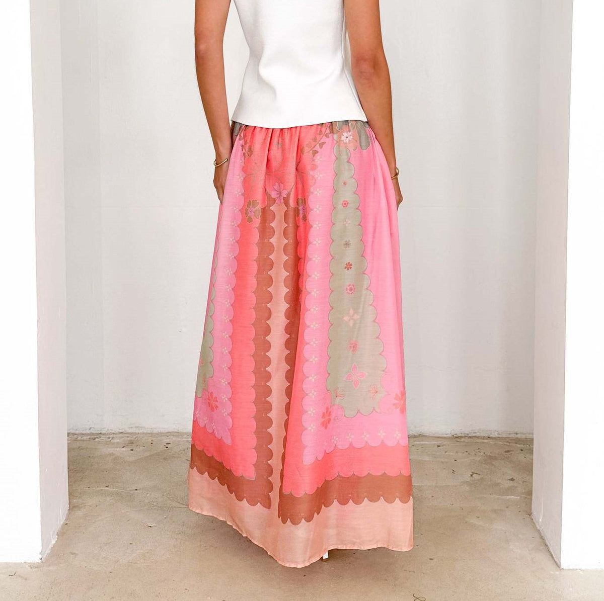Scalloped Border Print Boho Maxi Skirt - Pink - 1