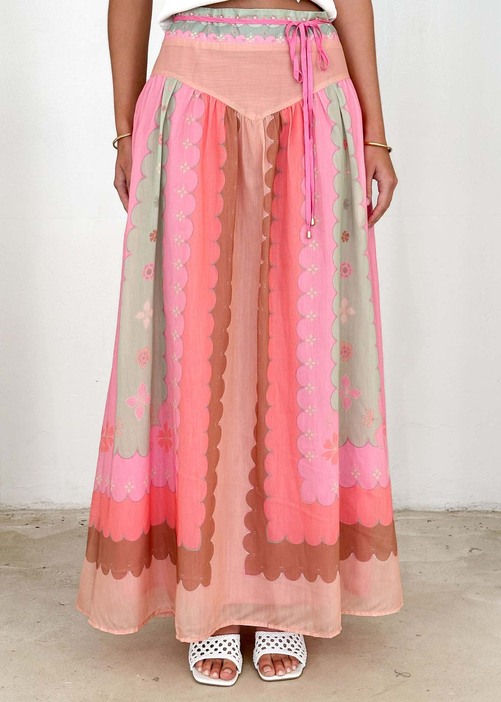 Scalloped Border Print Boho Maxi Skirt - Pink - 2