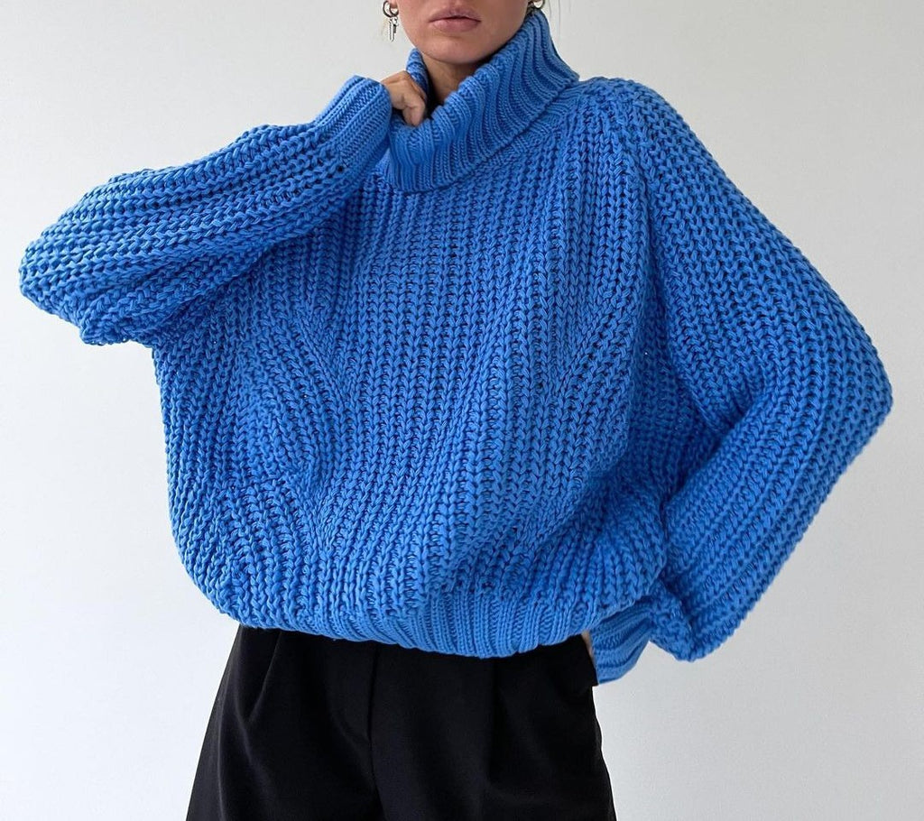 Chunky Turtleneck Balloon Sleeve Knit Sweater - Blue