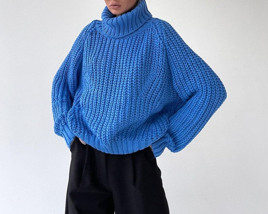 Chunky Turtleneck Balloon Sleeve Knit Sweater - Blue - 1