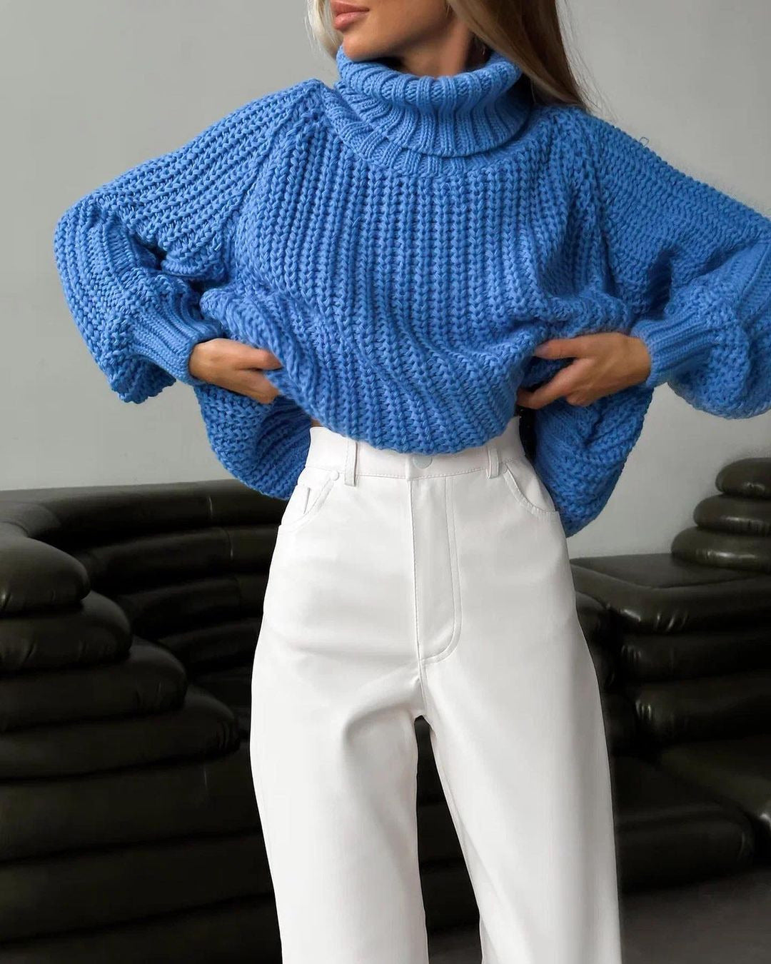 Chunky Turtleneck Balloon Sleeve Knit Sweater - Blue - 2