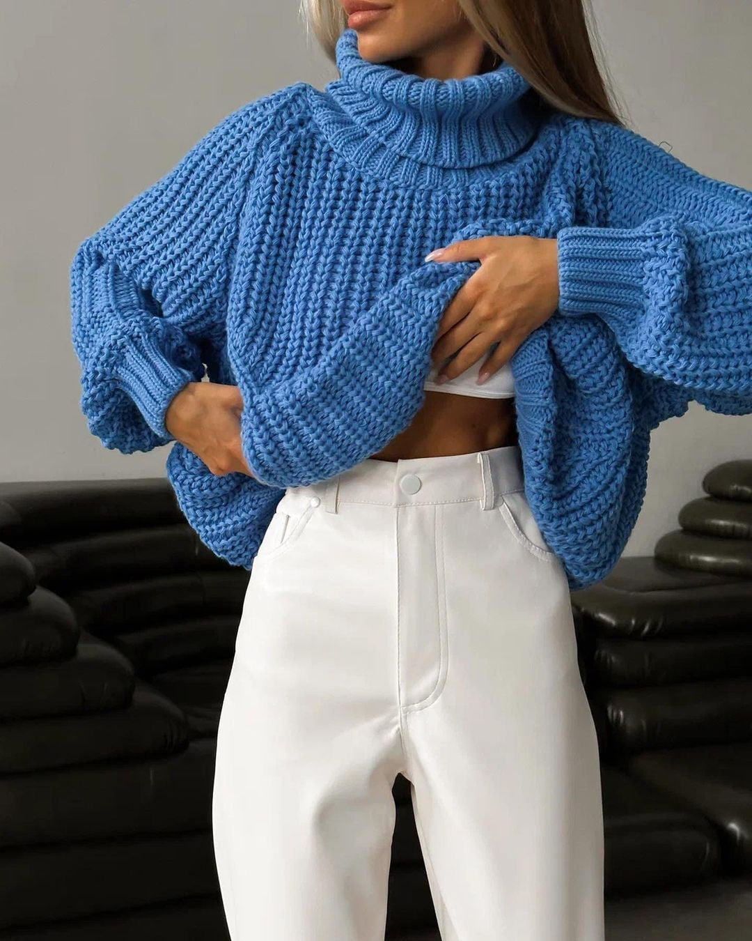 Chunky Turtleneck Balloon Sleeve Knit Sweater - Blue - 3