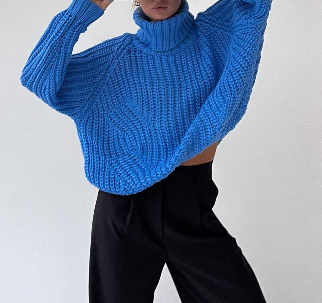 Chunky Turtleneck Balloon Sleeve Knit Sweater - Blue - 4