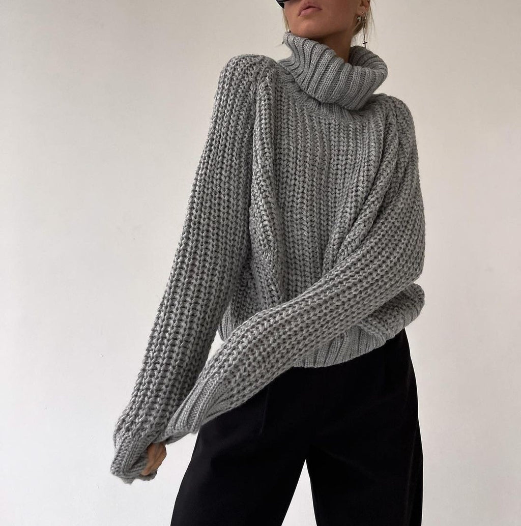 Chunky Turtleneck Balloon Sleeve Knit Sweater - Grey