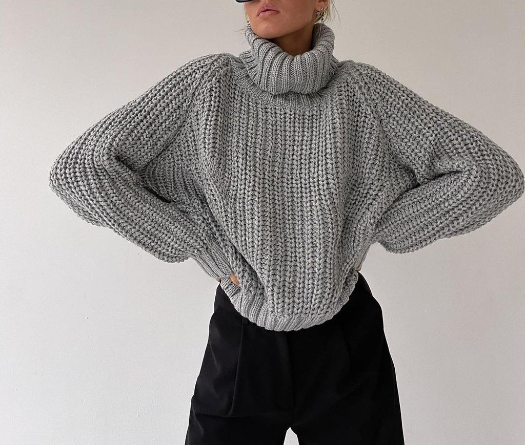 Chunky Turtleneck Balloon Sleeve Knit Sweater - Grey - 1