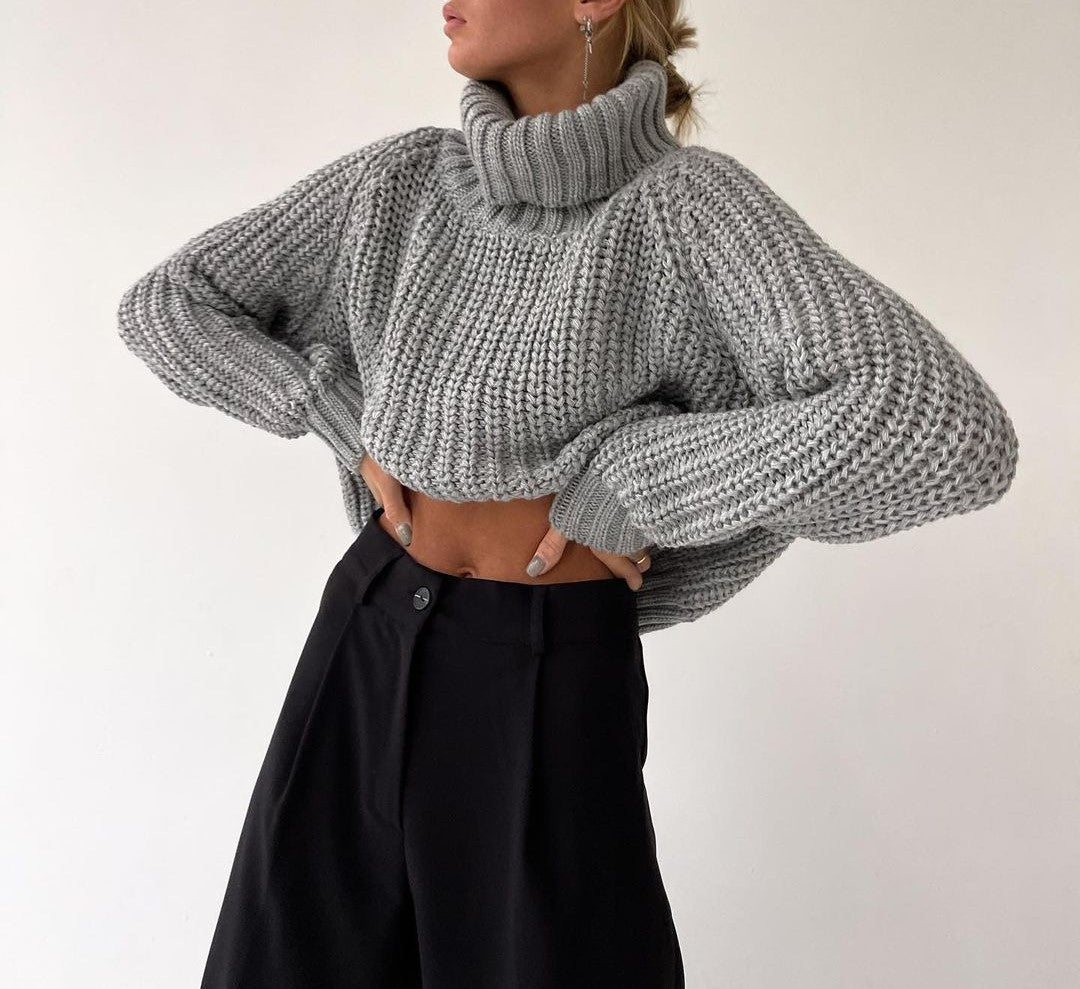Chunky Turtleneck Balloon Sleeve Knit Sweater - Grey - 2