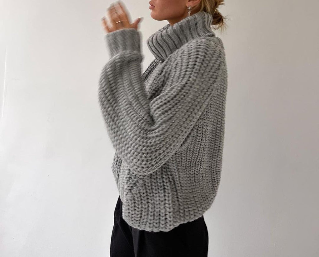 Chunky Turtleneck Balloon Sleeve Knit Sweater - Grey - 3