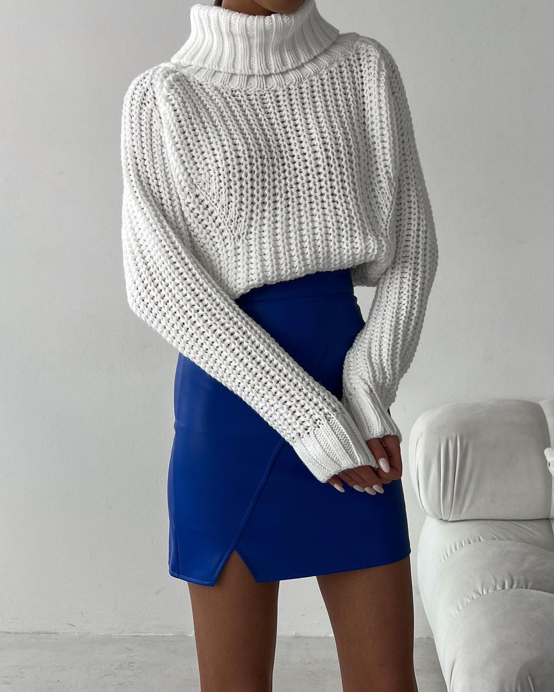 Chunky Turtleneck Balloon Sleeve Knit Sweater - White - 1