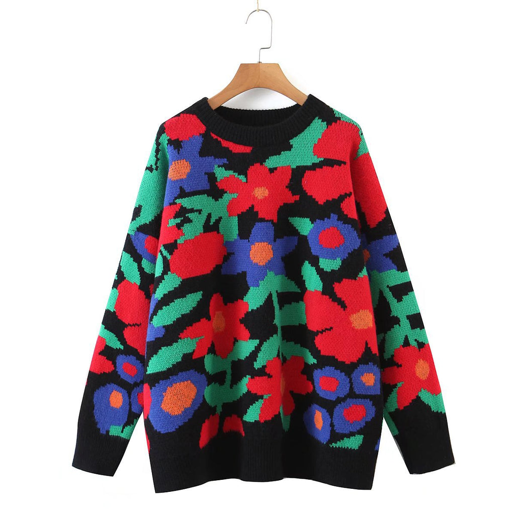 Bold Floral Jacquard Knit Crewneck Sweater - Black