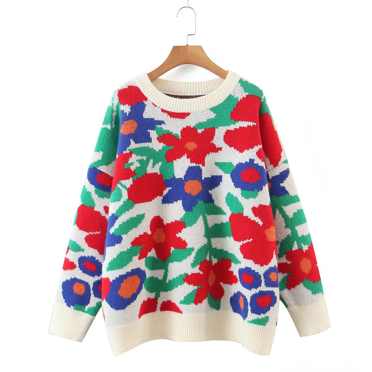 Bold Floral Jacquard Knit Crewneck Sweater - White - 1