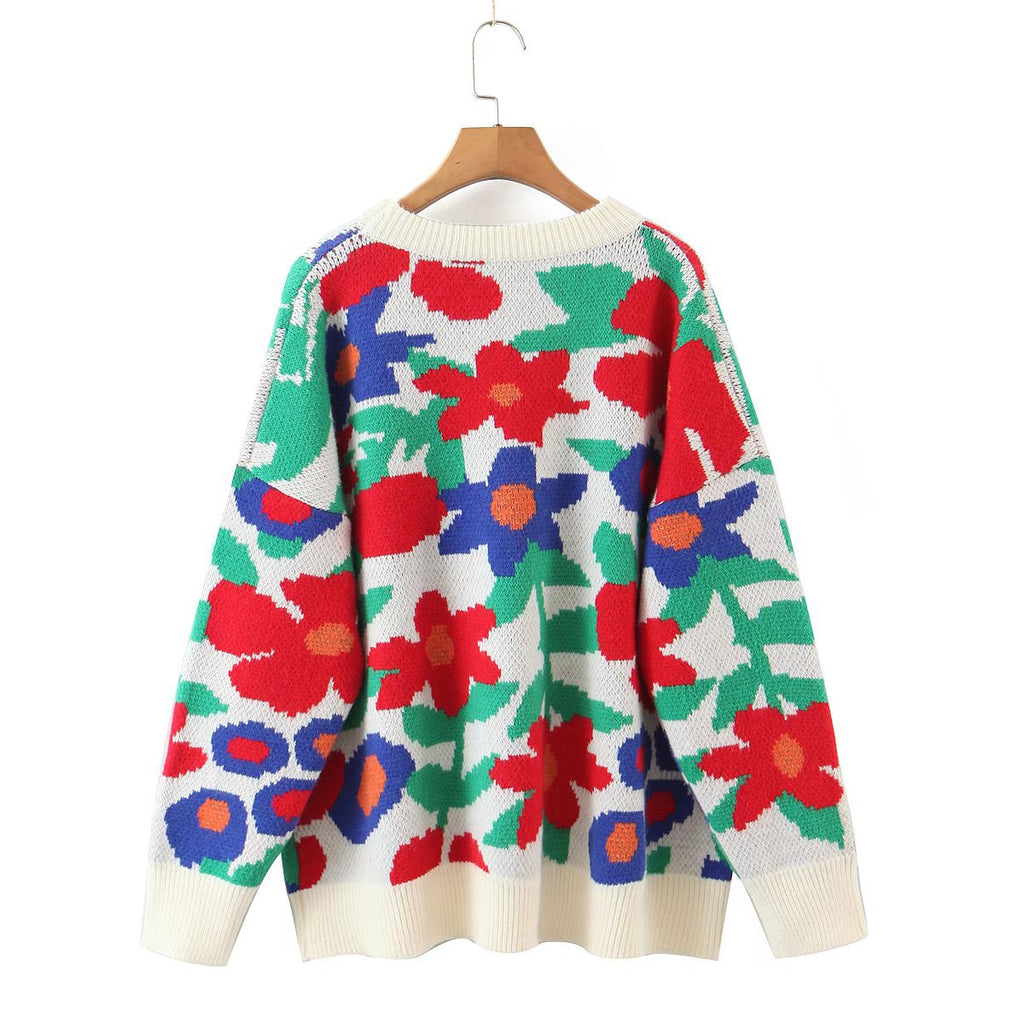 Bold Floral Jacquard Knit Crewneck Sweater - White - 2