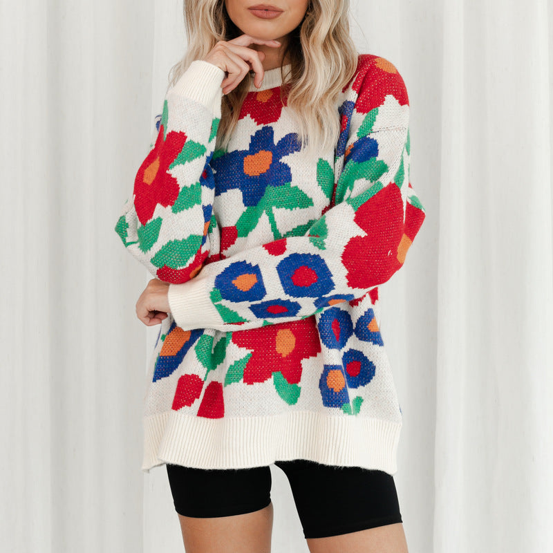 Bold Floral Jacquard Knit Crewneck Sweater - White - 3
