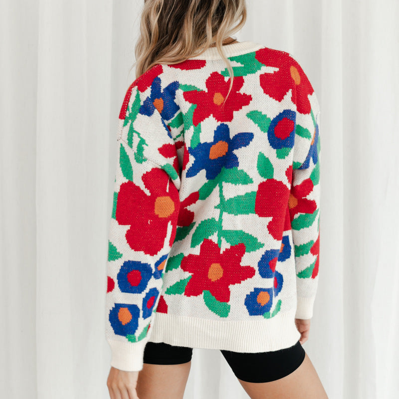 Bold Floral Jacquard Knit Crewneck Sweater - White - 4